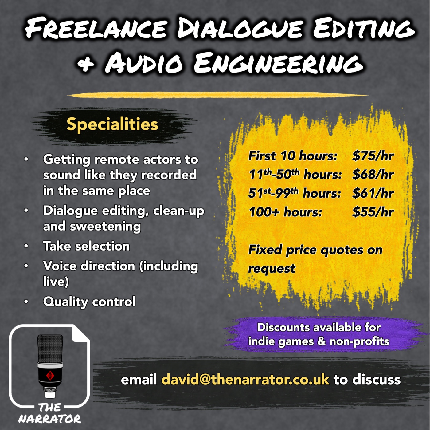 Freelance dialogue editing and audio engineering services flyer